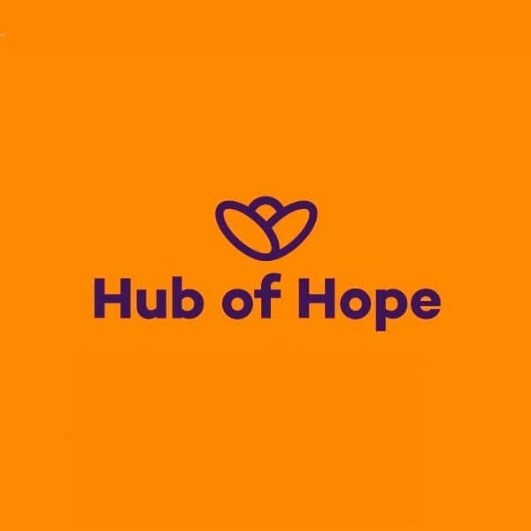 Orange background with a purple stylised heart-shaped logo above the words Hub of Hope in bold purple text, highlighting mental health and wellbeing support.