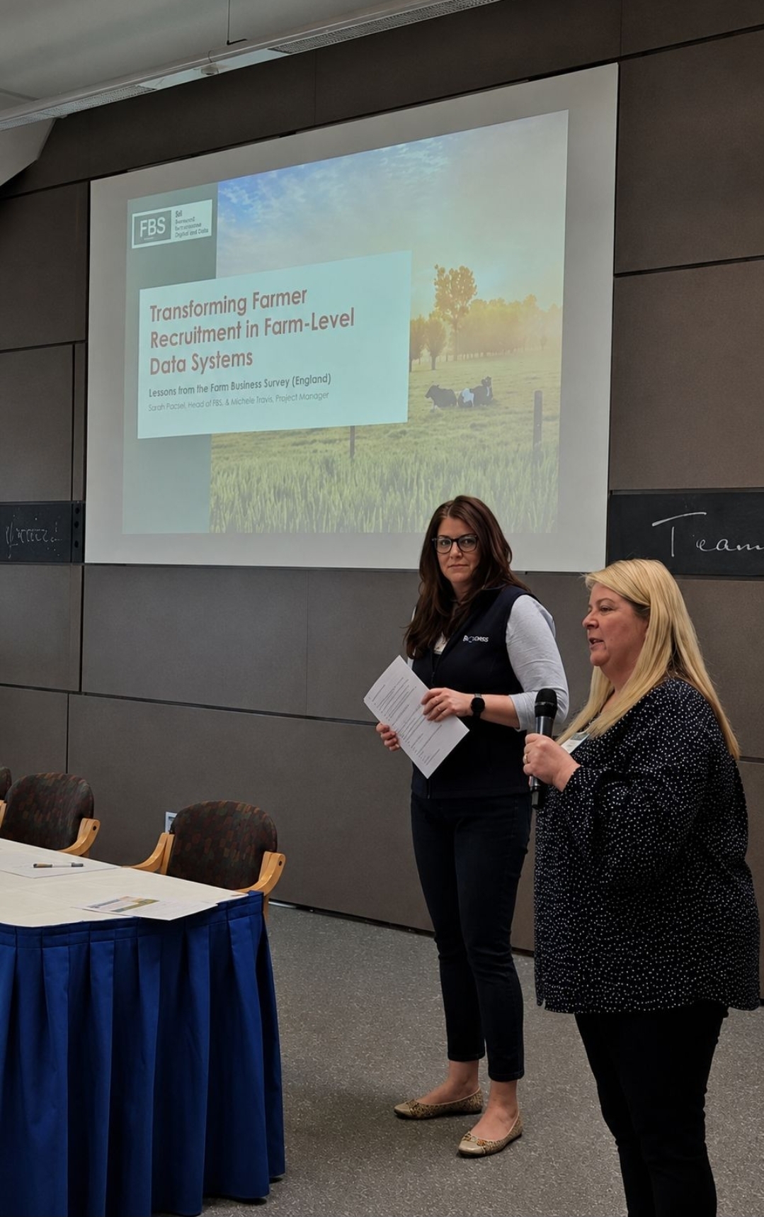 Michelle Ewens and Sally Pocock presenting at the PACIOLI 30 conference in Austria on transforming farmer recruitment for the Farm Business Survey (England).